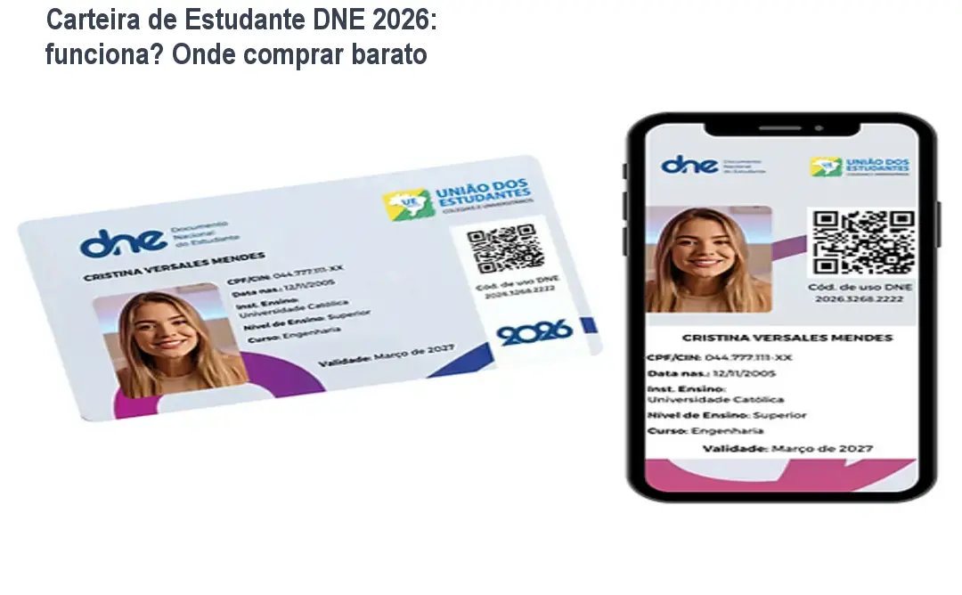 Carteira de estudante DNE 2026 digital e física mostrando acesso a descontos de meia entrada