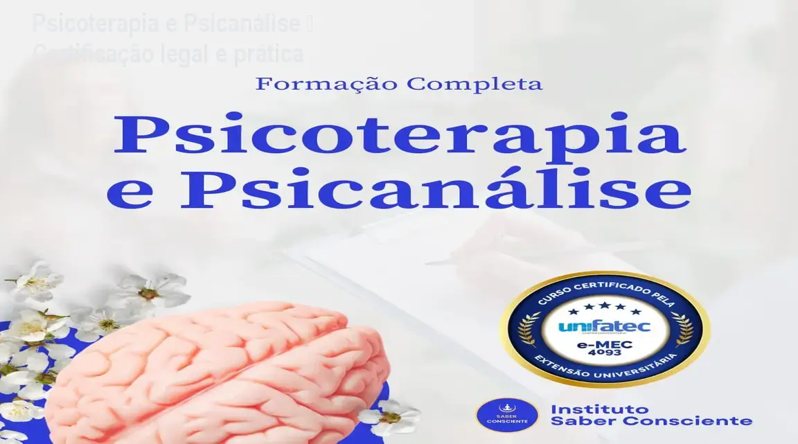 Imagem da página do curso Psicoterapia e Psicanálise mostrando certificado profissional, prática clínica e apoio de especialistas