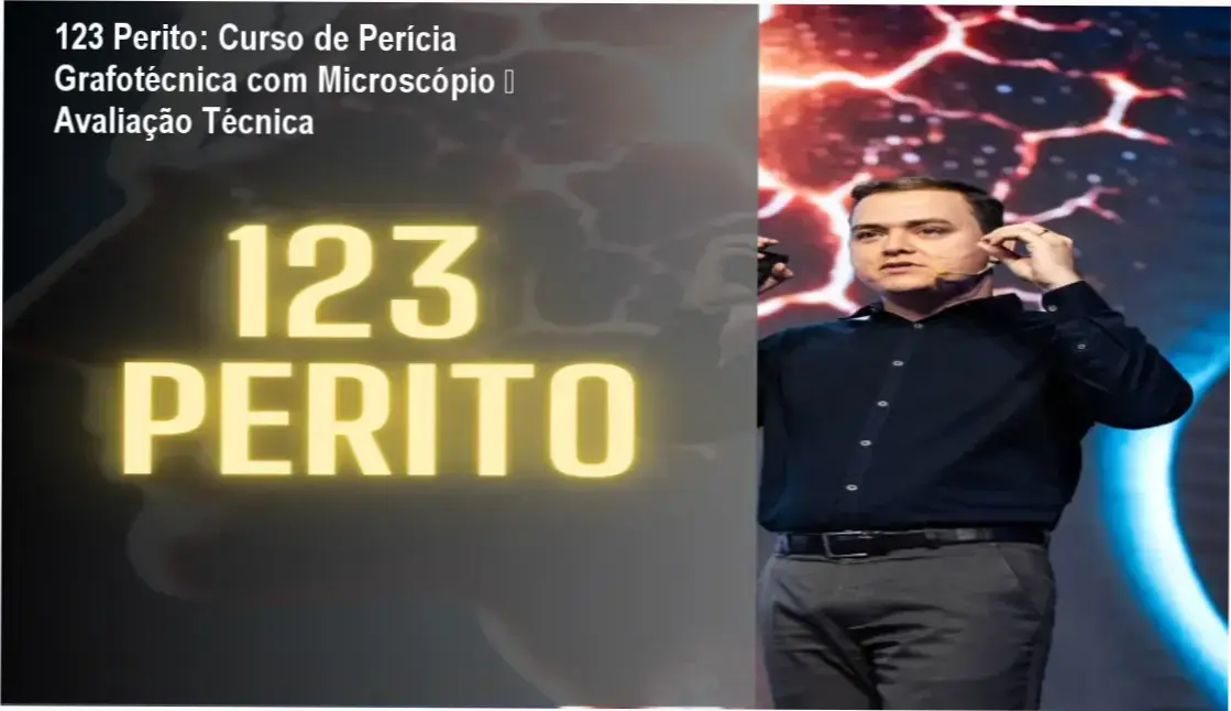 Banner do curso 123 Perito mostrando microscópio digital, suporte 24h e certificação oficial