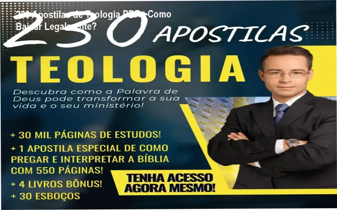 Capa das 230 Apostilas de Teologia em PDF mostrando bônus e esboços de pregação
