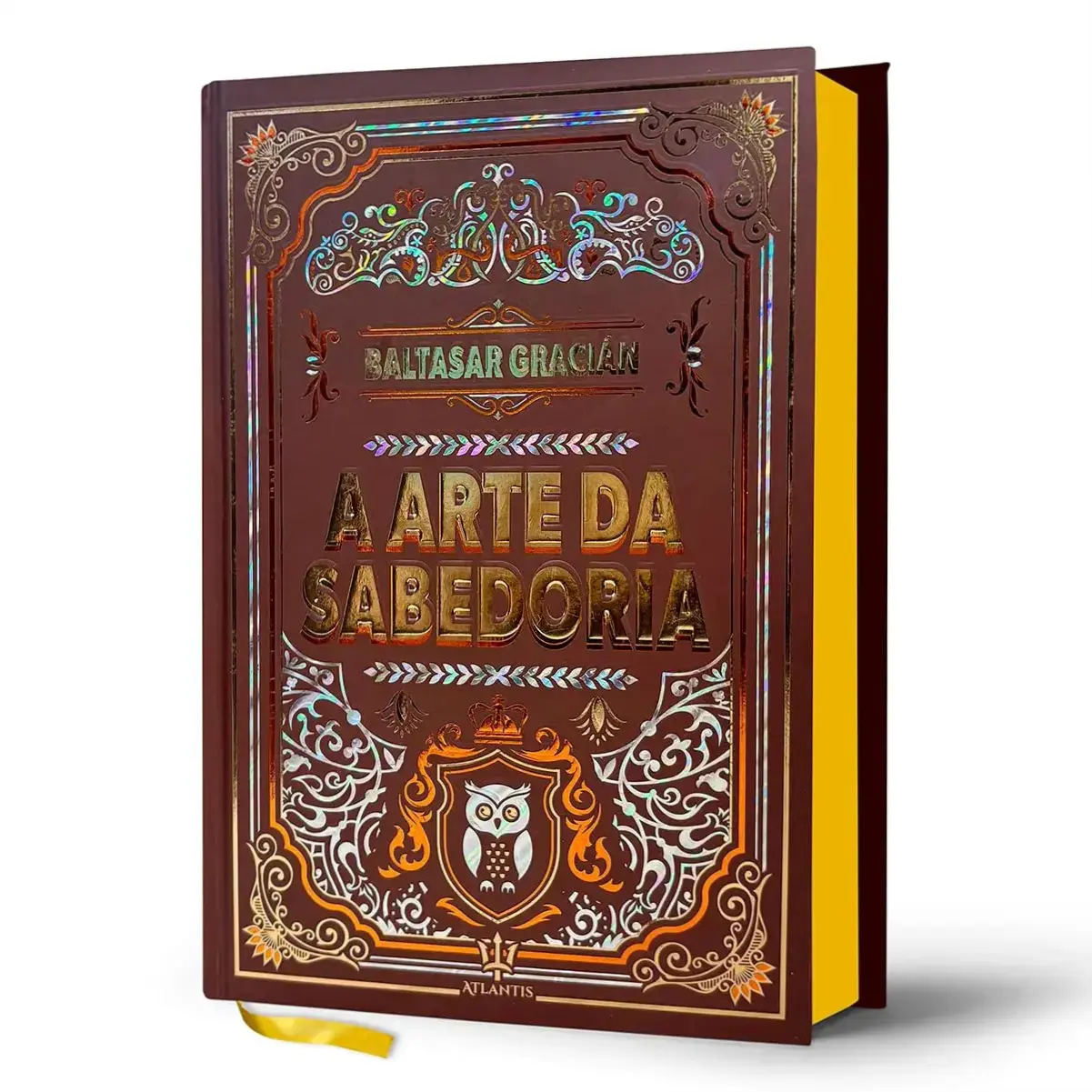 Capa dura elegante de 'A Arte da Sabedoria' de Baltasar Gracián, com acabamento hot stamping e marcador de fitilho