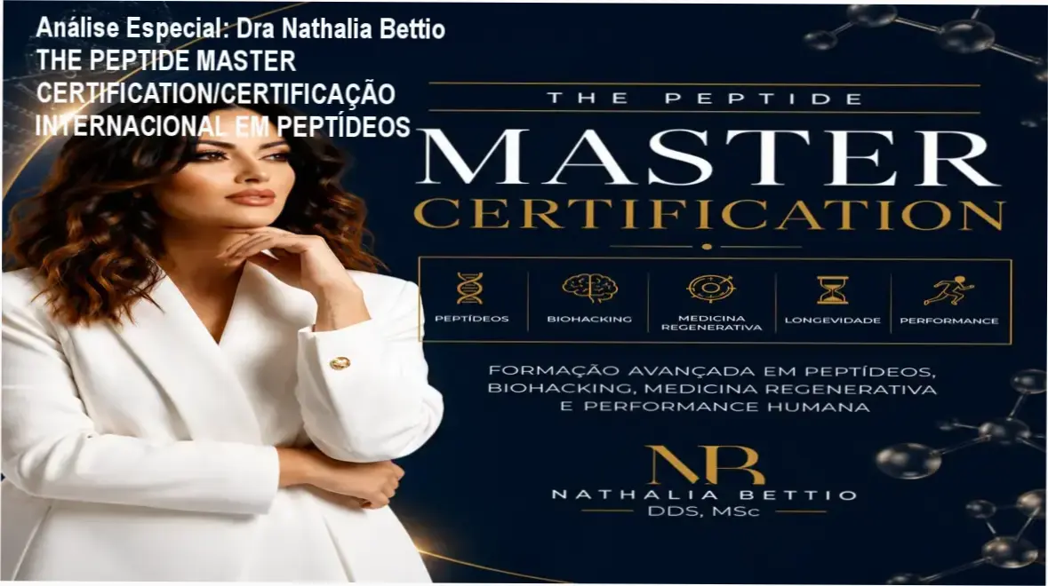 Capa informativa sobre o tema Dra Nathalia Bettio THE PEPTIDE MASTER CERTIFICATION/CERTIFICAÇÃO INTERNACIONAL EM PEPTÍDEOS