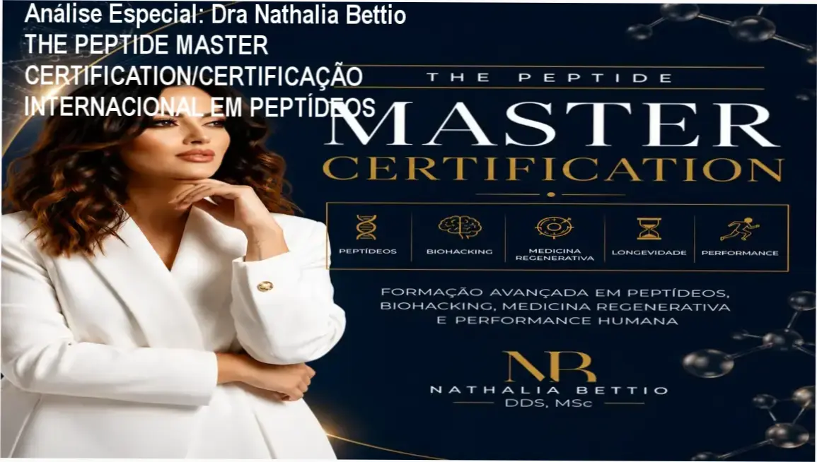 Capa informativa sobre o tema Dra Nathalia Bettio THE PEPTIDE MASTER CERTIFICATION/CERTIFICAÇÃO INTERNACIONAL EM PEPTÍDEOS