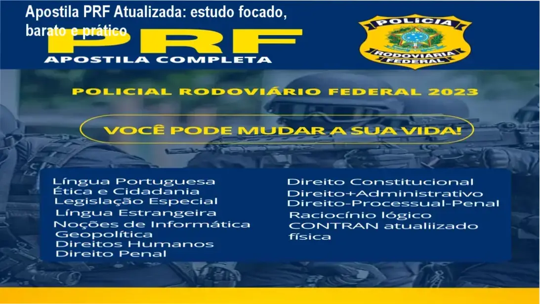 Capa da Apostila PRF Atualizada mostrando conteúdo resumido e dicas de estudo