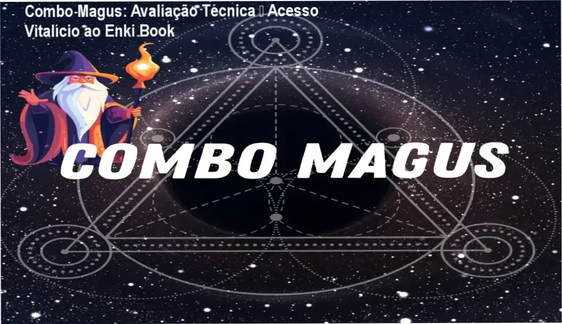 Capa do Combo Magus mostrando a biblioteca digital Enki Book com dezenas de livros esotéricos