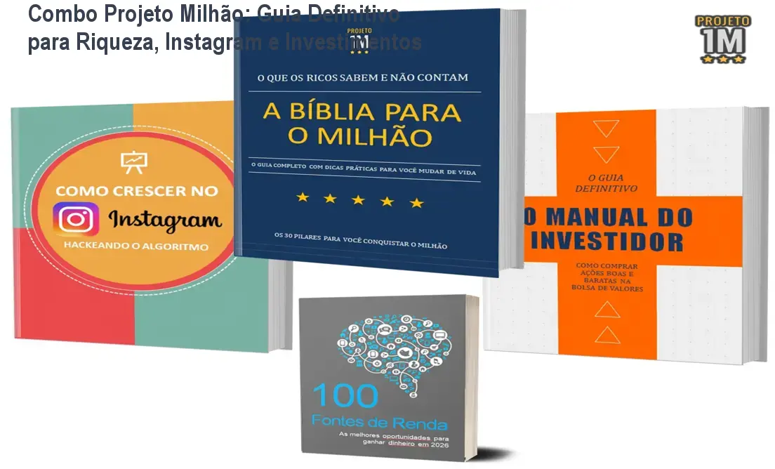 Capa do Combo Projeto Milhão mostrando os três e‑books sobre fortuna, Instagram e investimento