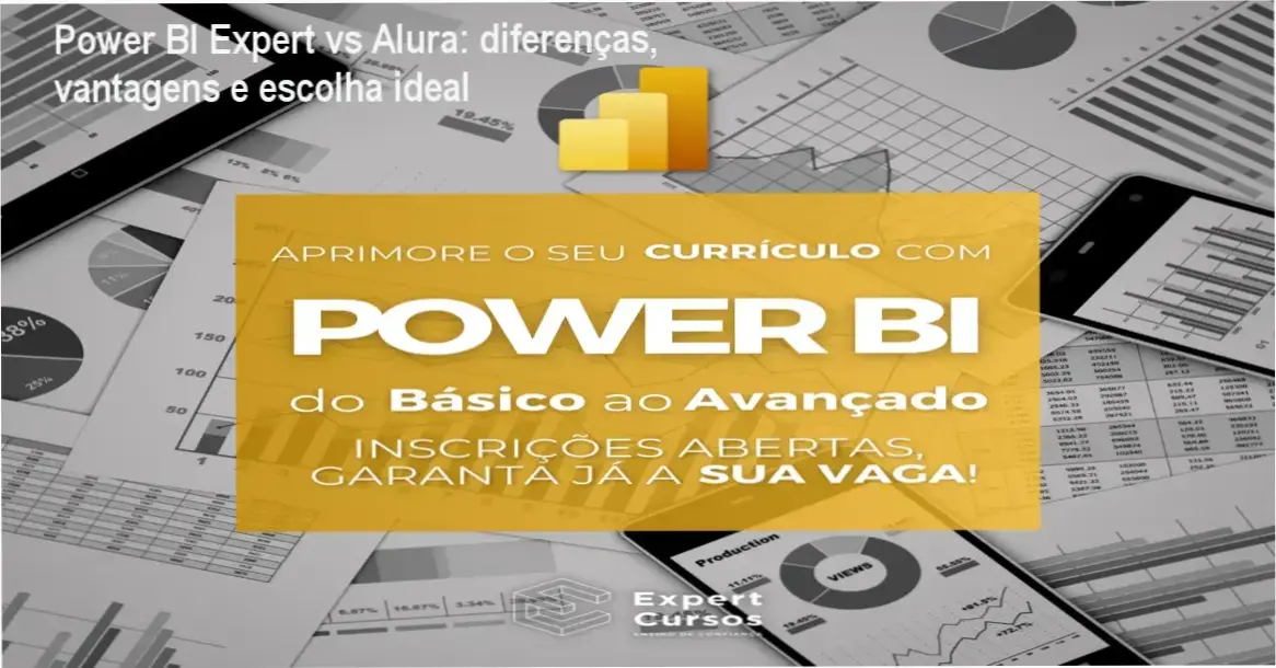 Comparativo visual entre o Curso Power BI Expert e Alura destacando vantagens e diferenças