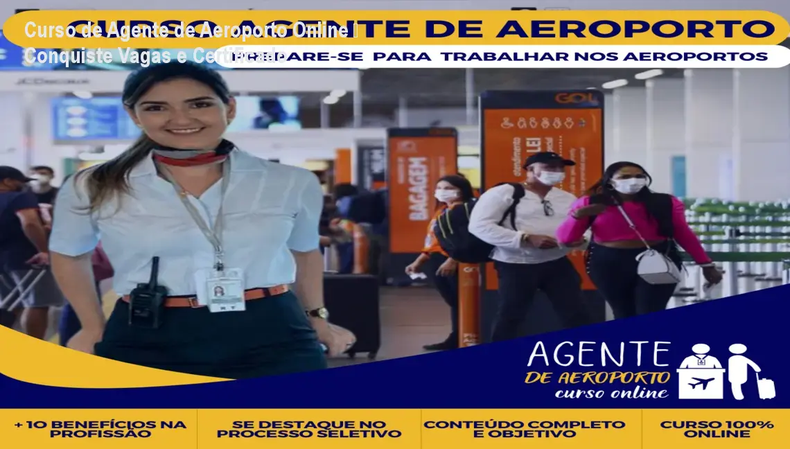 Tela do curso online de Agente de Aeroporto mostrando módulo de vagas reais e certificado de conclusão