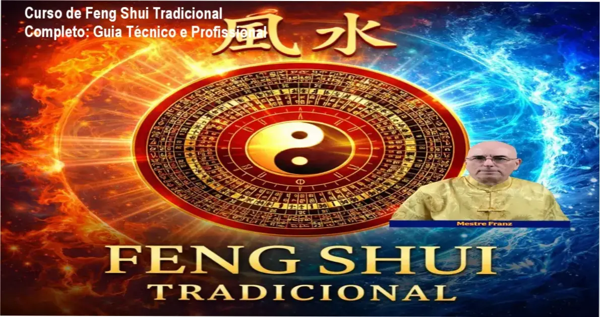 Imagem do Curso de Feng Shui Tradicional Completo mostrando diagramas de bússola Lo Pan e layout de ambientes equilibrados