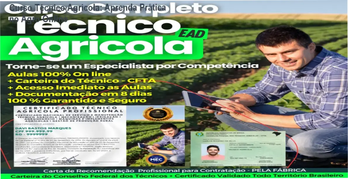 Imagem do Curso Técnico Agrícola por Competência mostrando videoaulas e ebook sobre práticas do agronegócio