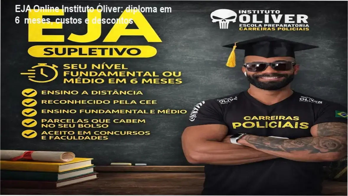 Banner do EJA Online Instituto Óliver mostrando diploma rápido, preço parcelado e cupom de desconto
