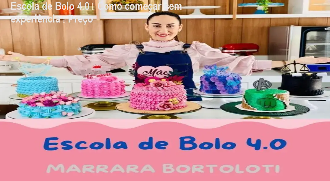 Imagem mostrando a aula prática da Escola de Bolo 4.0 com bolos decorados e a autora Marrara Bortoloti ensinando técnicas de confeitaria.