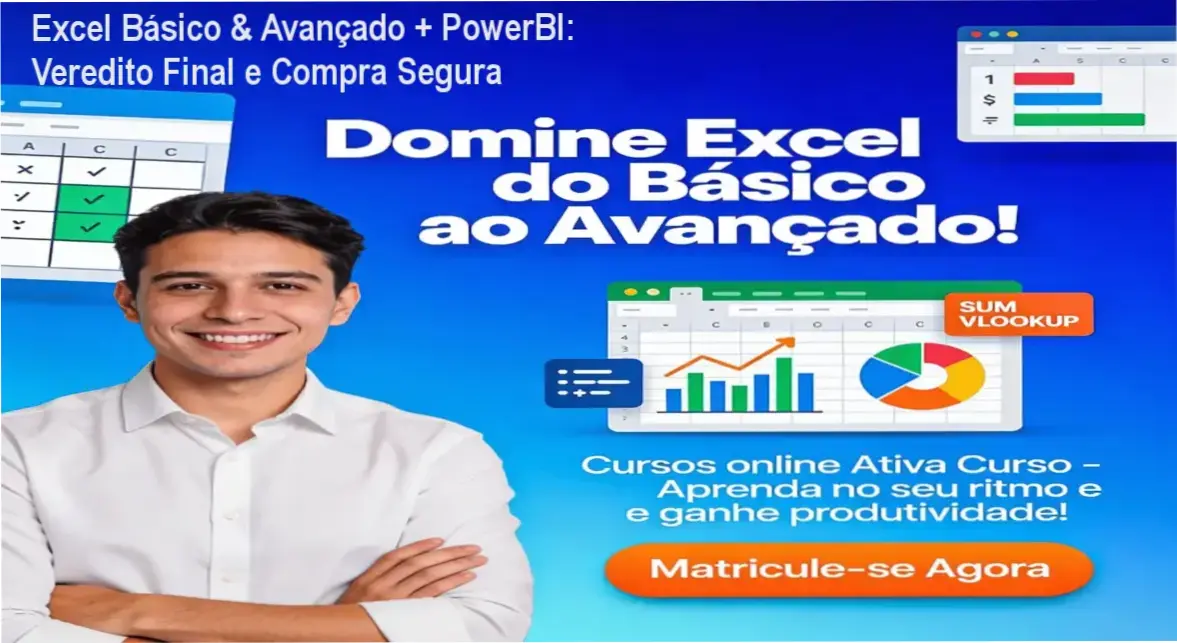 Tela do curso Excel Básico & Avançado + PowerBI com destaque para a carteirinha de estudante