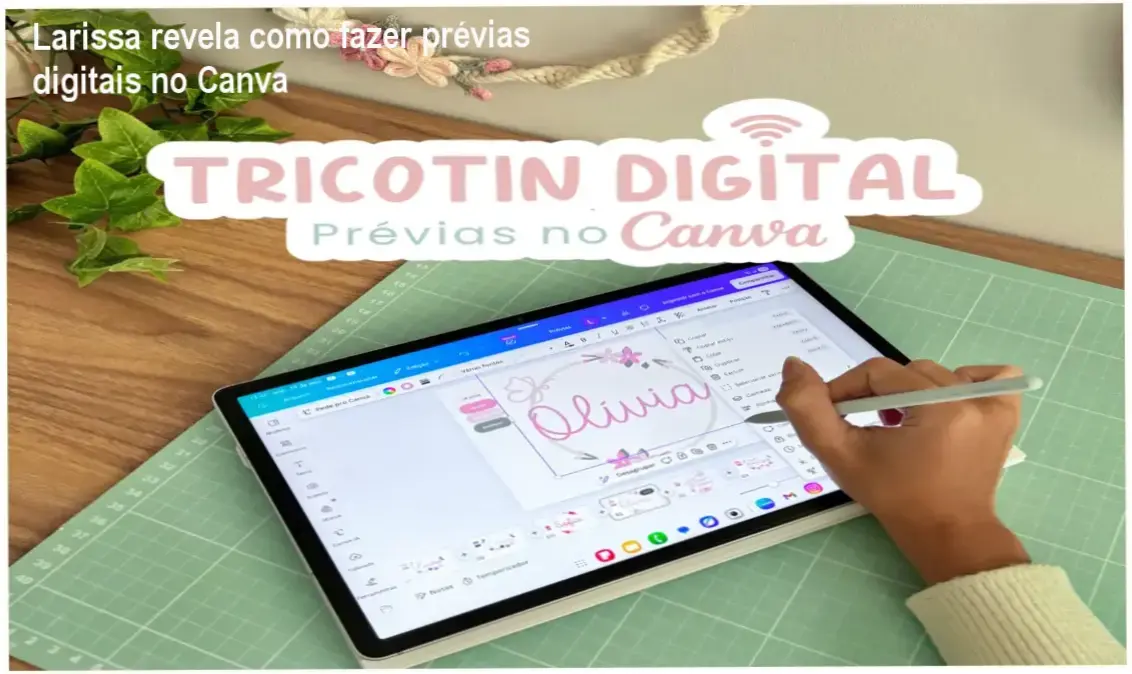 Larissa ensinando a criar prévias digitais de Tricotin no Canva