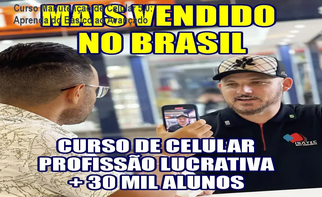Imagem ilustrativa do curso Manutenção de Celular 5.0 mostrando módulos de aprendizado e ferramentas de reparo