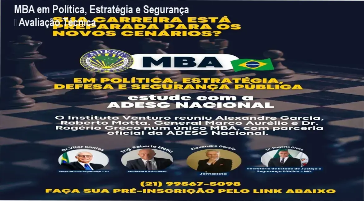 Imagem do MBA em Política, Estratégia, Defesa e Segurança Pública destacando docentes renomados e certificação