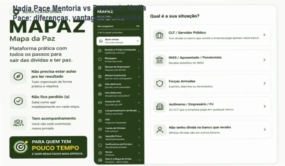 Comparativo entre Mentoria Nadia Pace e Protocolo Nadia Pace mostrando vantagens e diferenças