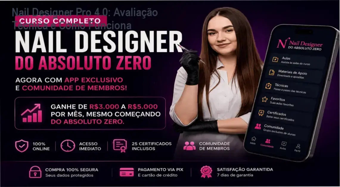 Tela do curso Nail Designer Pro 4.0 mostrando módulos de técnicas de unhas e certificados