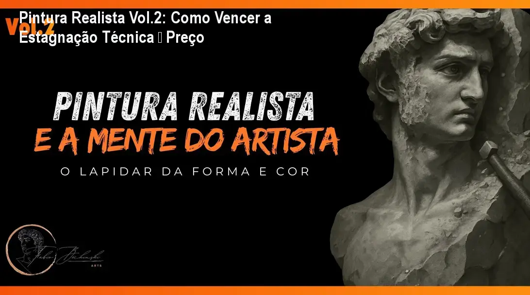 Capa do curso Pintura Realista e a Mente do Artista Volume 2 mostrando pincéis, paleta de cores e esculturas detalhadas
