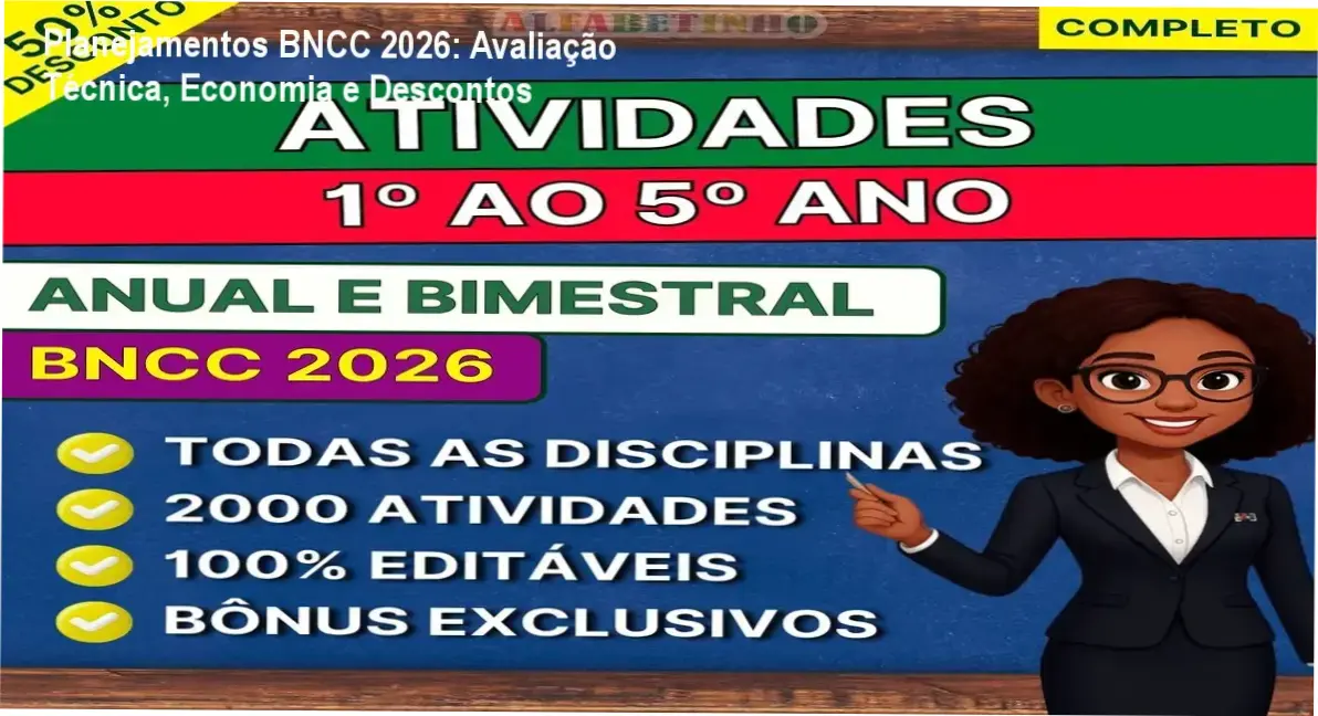 Planejamentos BNCC 2026 destacando descontos e benefícios para professores