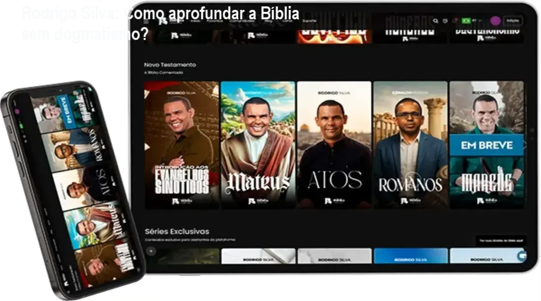 Capa da Bíblia Comentada de Rodrigo Silva mostrando recursos de IA e estudo acadêmico