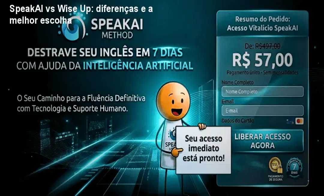 Método SpeakAI mostrando como destravar a fala em inglês em poucos minutos por dia