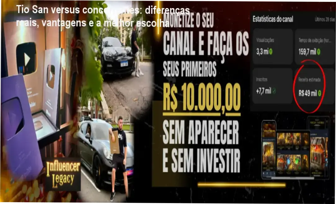 Comparativo visual entre Tio San Influencer Milionário Legacy e cursos concorrentes, destacando benefícios e diferenciais