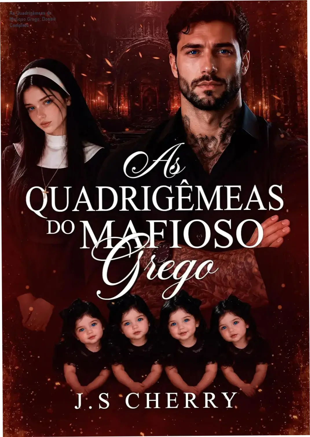 Capa do livro As Quadrigêmeas do Mafioso Grego de J.S Cherry em ambiente de leitura digital