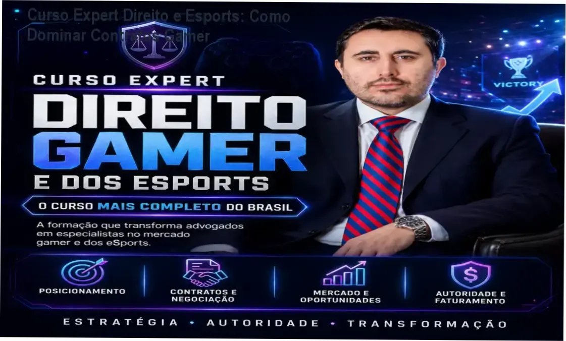 Capa do Curso Expert em Direito e Esports mostrando módulos de contratos gamer e petições para advogados