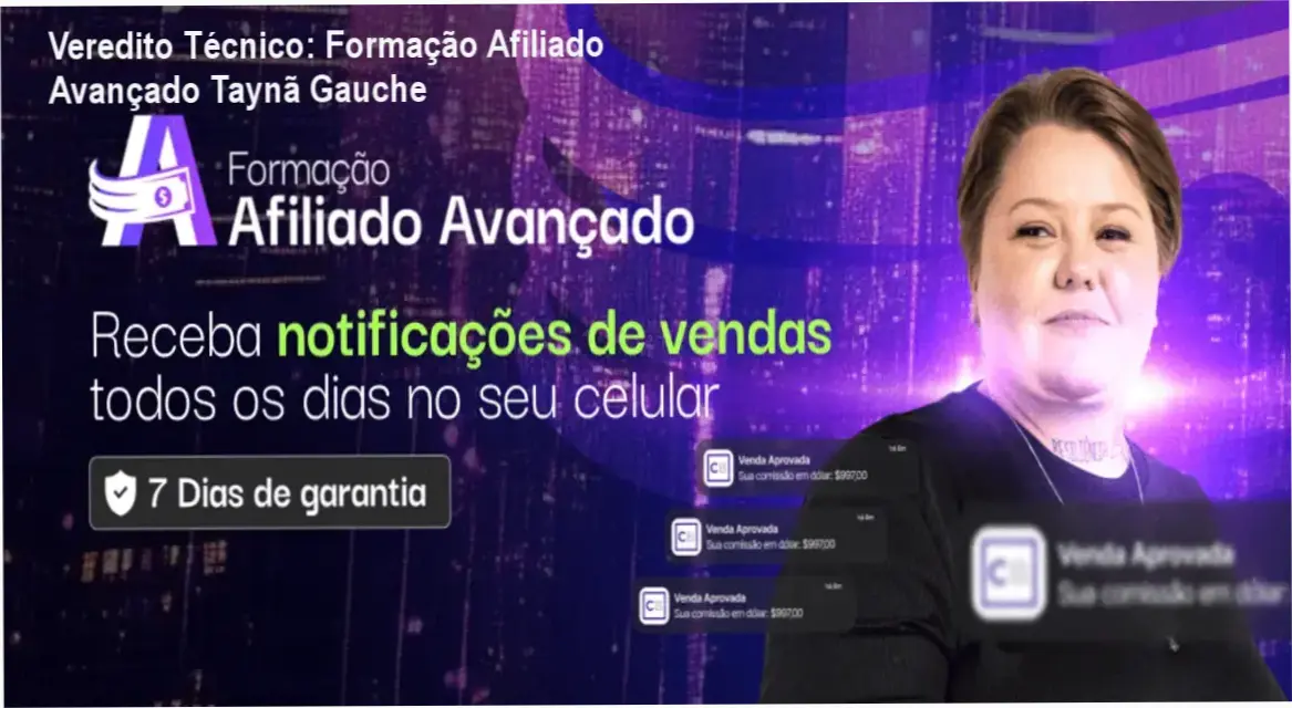 Infográfico técnico analisando a Formação Afiliado Avançado de Taynã Gauche e Kit Fast Dólar