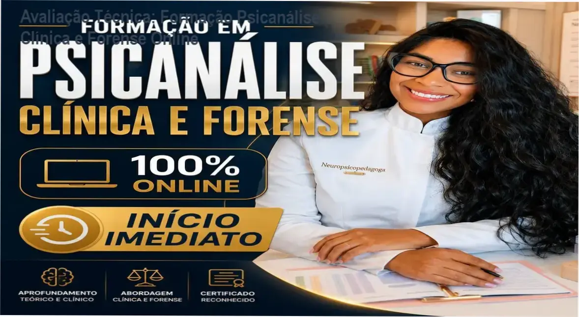formacao psicanalise clinica forense online psms treinamentos Avaliação Técnica: Formação Psicanálise Clínica e Forense Online Tela de notebook exibindo módulos do curso de Psicanálise Clínica e Forense com certificado digital e supervisão de casos.