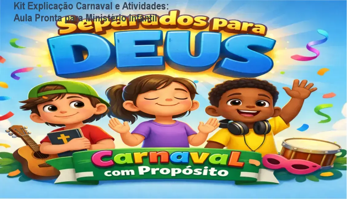 kit explicacao carnaval atividades historia luva mariana arz Kit Explicação Carnaval e Atividades: Aula Pronta para Ministério Infantil Capa do kit digital Explicação Carnaval e Atividades mostrando recursos visuais e plano de aula para ministério infantil