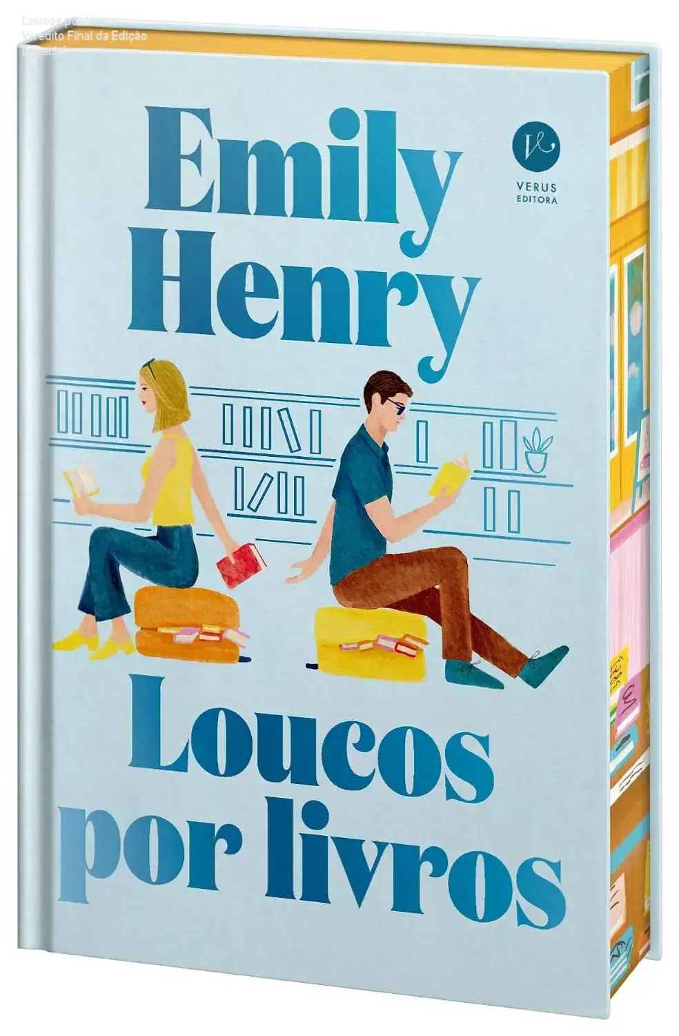 Capa dura do livro Loucos por Livros de Emily Henry com detalhes de pintura trilateral