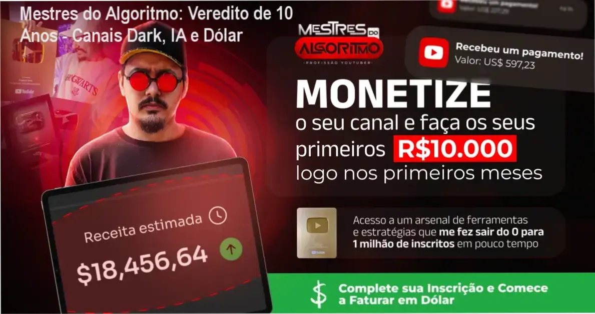 Caio Ferreira apresentando a metodologia Mestres do Algoritmo para criação de canais dark automatizados com IA e monetização em dólar.
