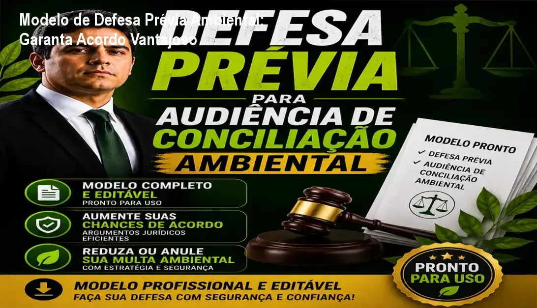 modelo de defesa previa ambiental Modelo de Defesa Prévia Ambiental: Garanta Acordo Vantajoso Capa do ebook Modelo de Defesa Prévia para Audiência de Conciliação Ambiental mostrando estrutura de defesa e cláusulas de acordo