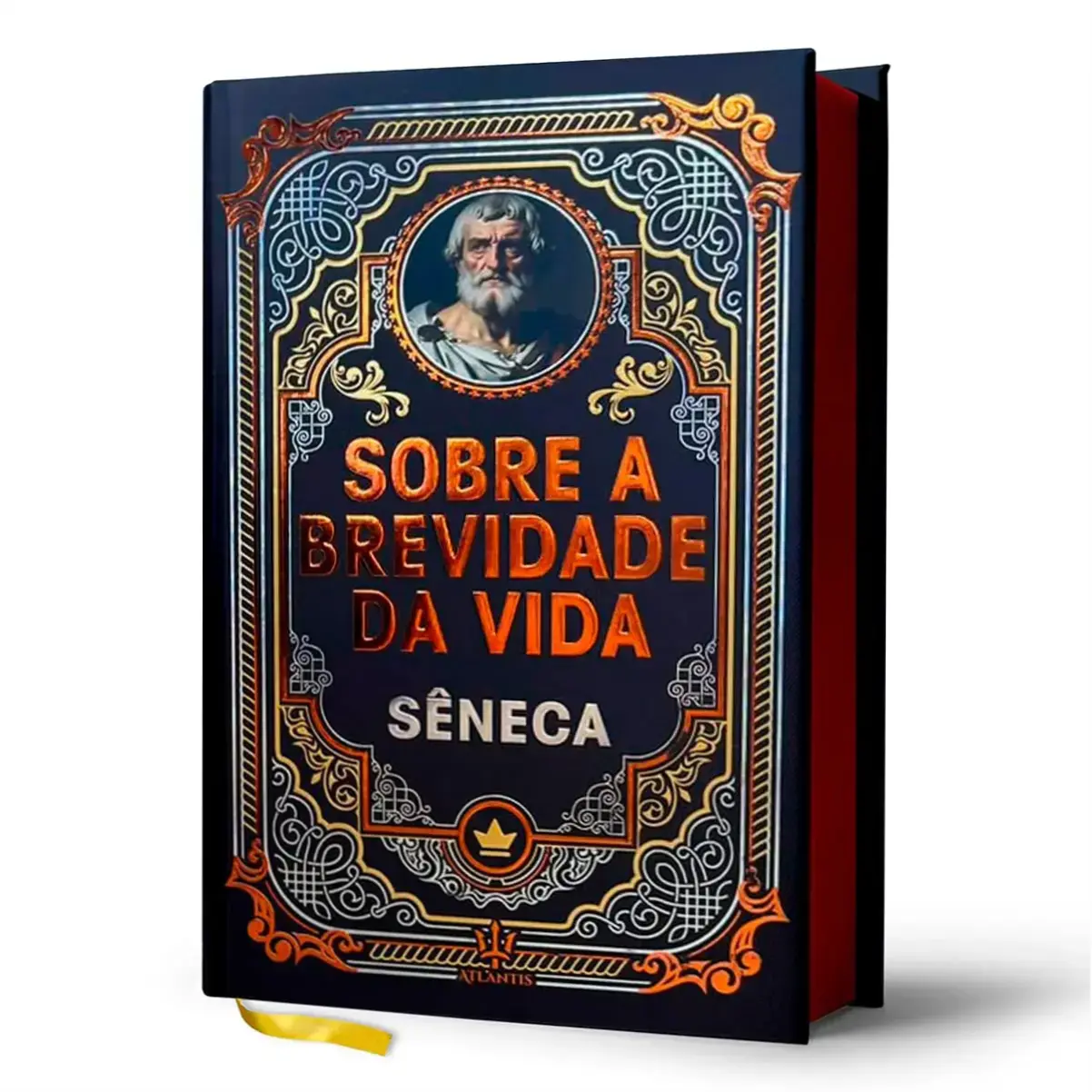 Edição de luxo capa dura do livro Sobre a Brevidade da Vida de Sêneca com acabamento hot stamping e fitilho de seda