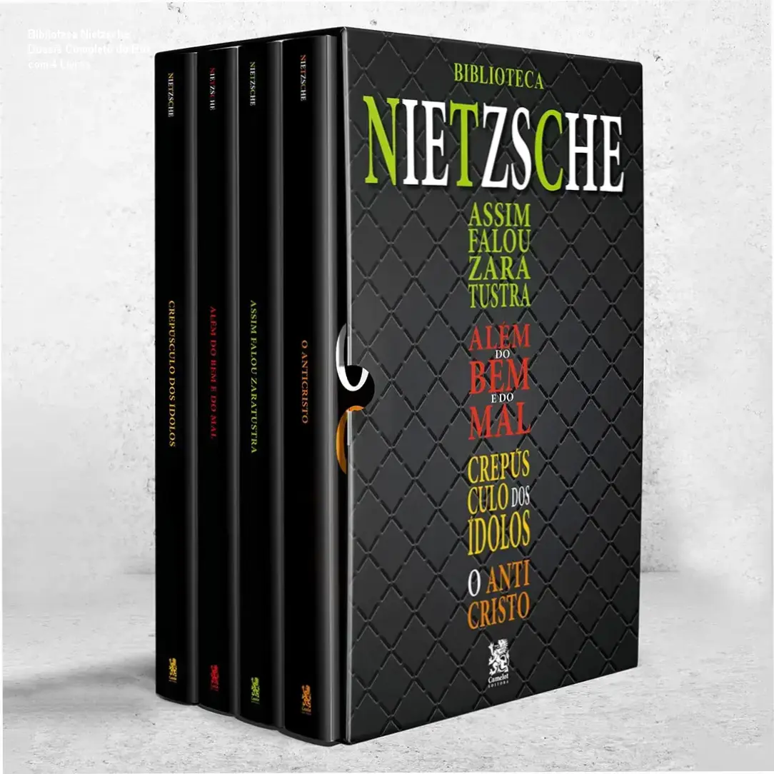 biblioteca nietzsche box 4 livros camelot Biblioteca Nietzsche: Dossiê Completo do Box com 4 Livros Box Biblioteca Nietzsche com 4 livros essenciais da Camelot Editora sobre mesa de estudos