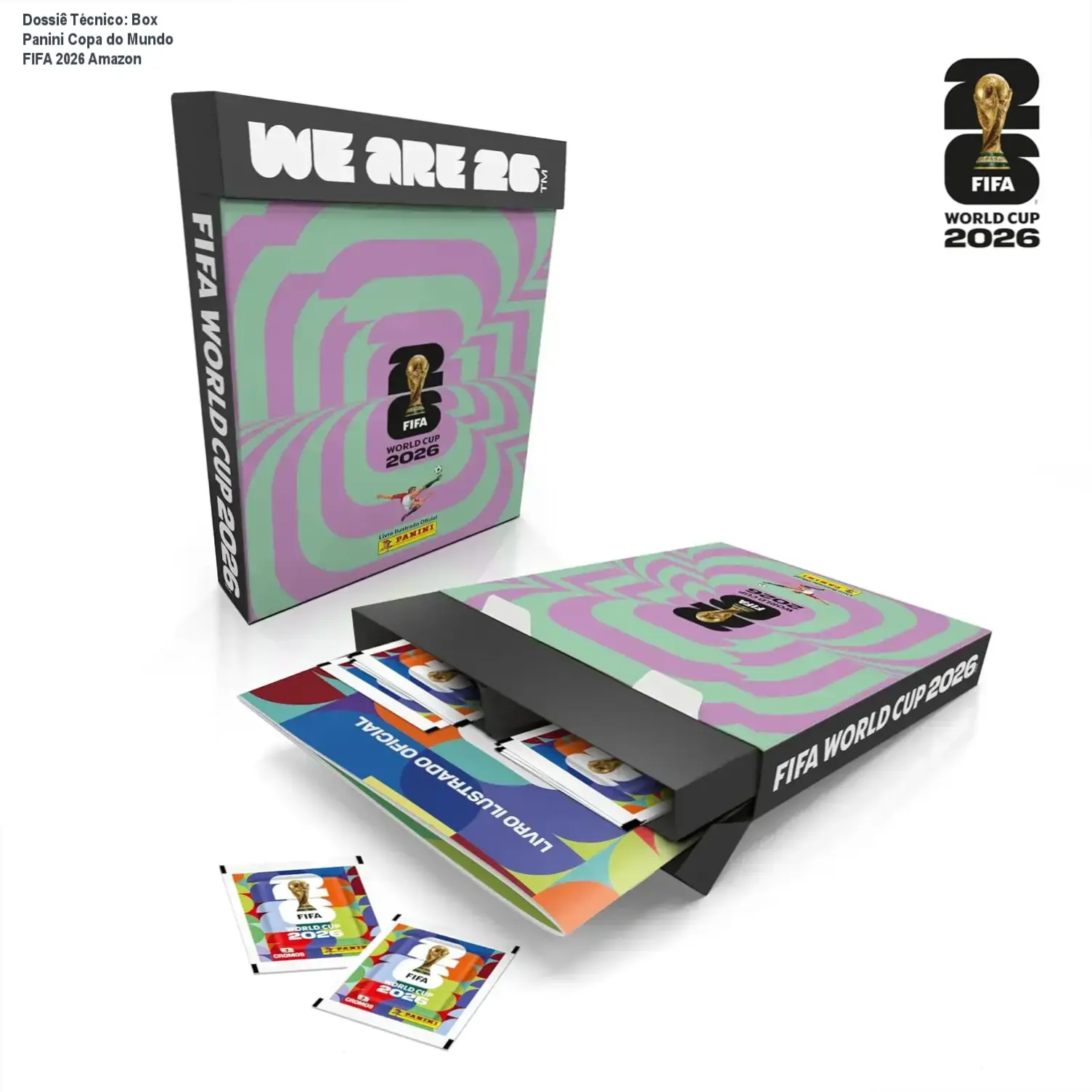 Box Fliptop Panini Copa do Mundo FIFA 2026 com álbum e envelopes de figurinhas