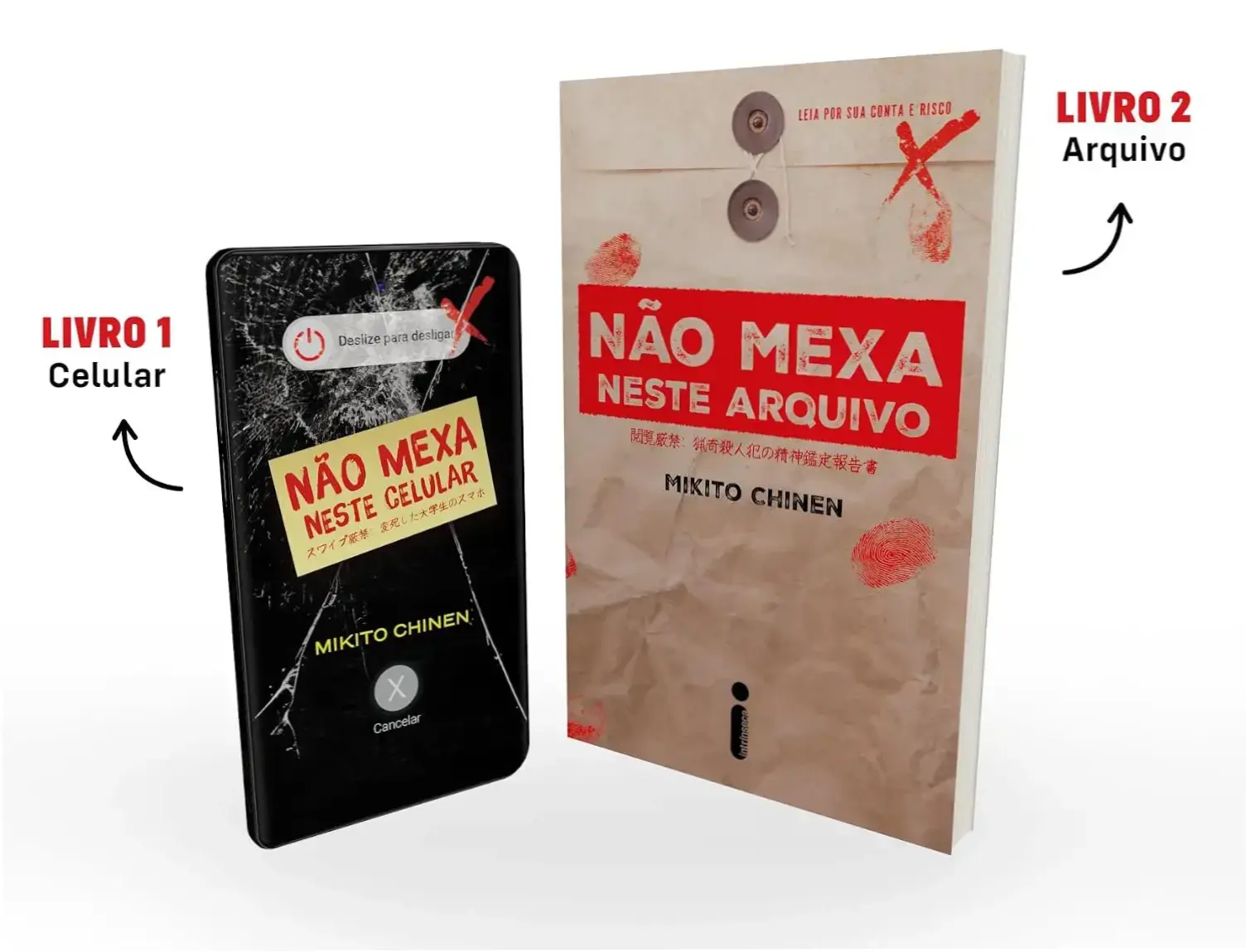 Livros da Série Não Mexa de Mikito Chinen com design imersivo de celular e arquivos