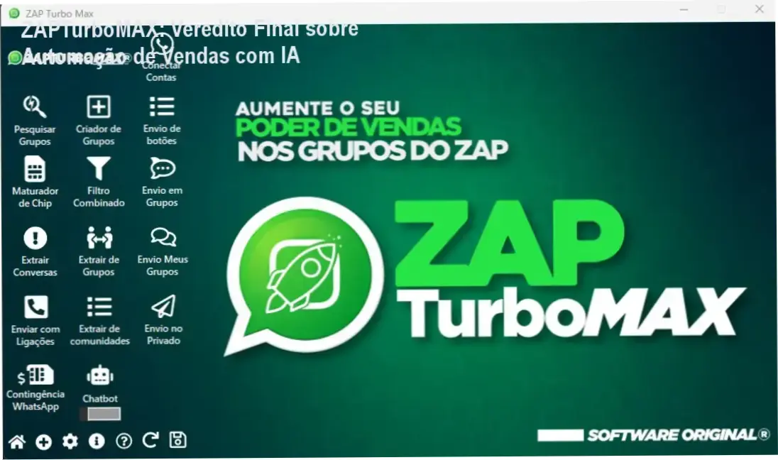 Interface do software ZAPTurboMAX demonstrando automação de disparos de mensagens no WhatsApp para Windows