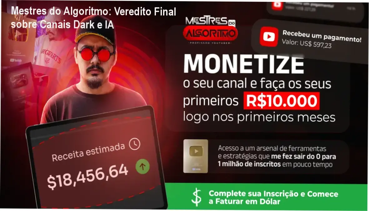 Infográfico detalhando a metodologia de canais dark e automação com IA do curso Mestres do Algoritmo