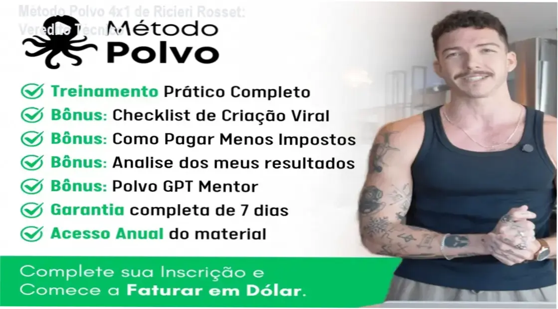 Interface do Método Polvo 4x1 de Ricieri Rosset focada em monetização via celular