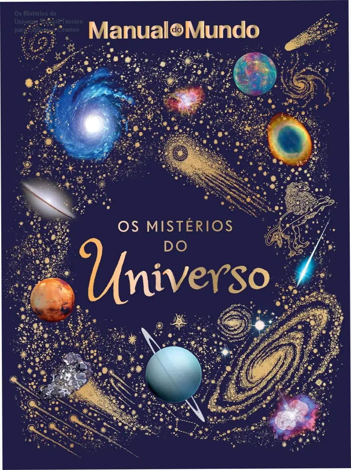 Capa do livro Os Mistérios do Universo com ilustrações detalhadas de galáxias e planetas